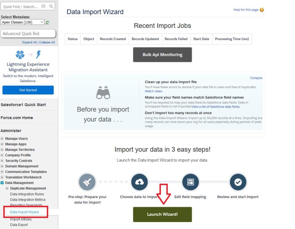 Data import wizard launch